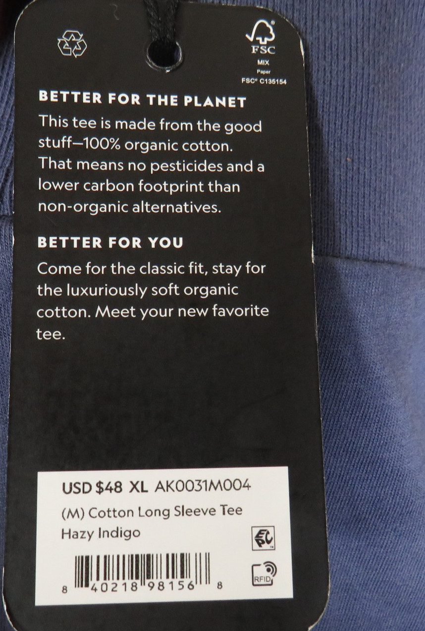 Allbirds Men&rsquo;s Organic Cotton Long Sleeve Tee Hazy Indigo Size XL