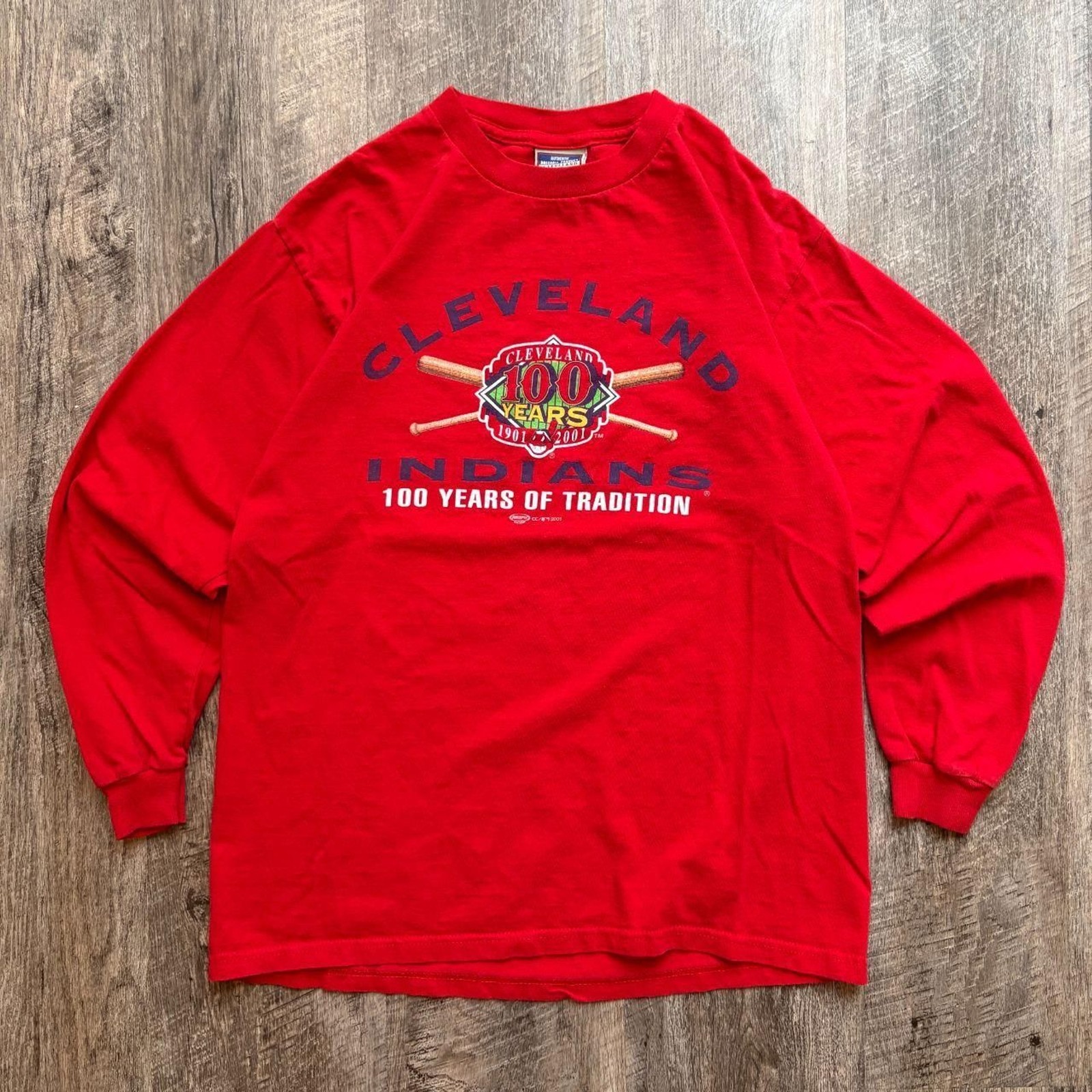 2001 Red Cleveland Indians 100 Years of Tradition Long Sleeve Tee