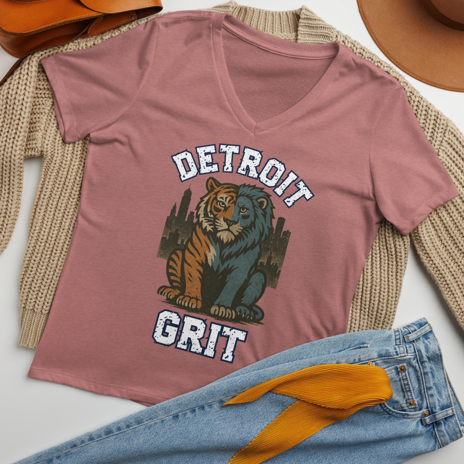 WOMENS V NECK Detroit Grit Shirt For Lions Fan Tigers Baseball All Grit Lions