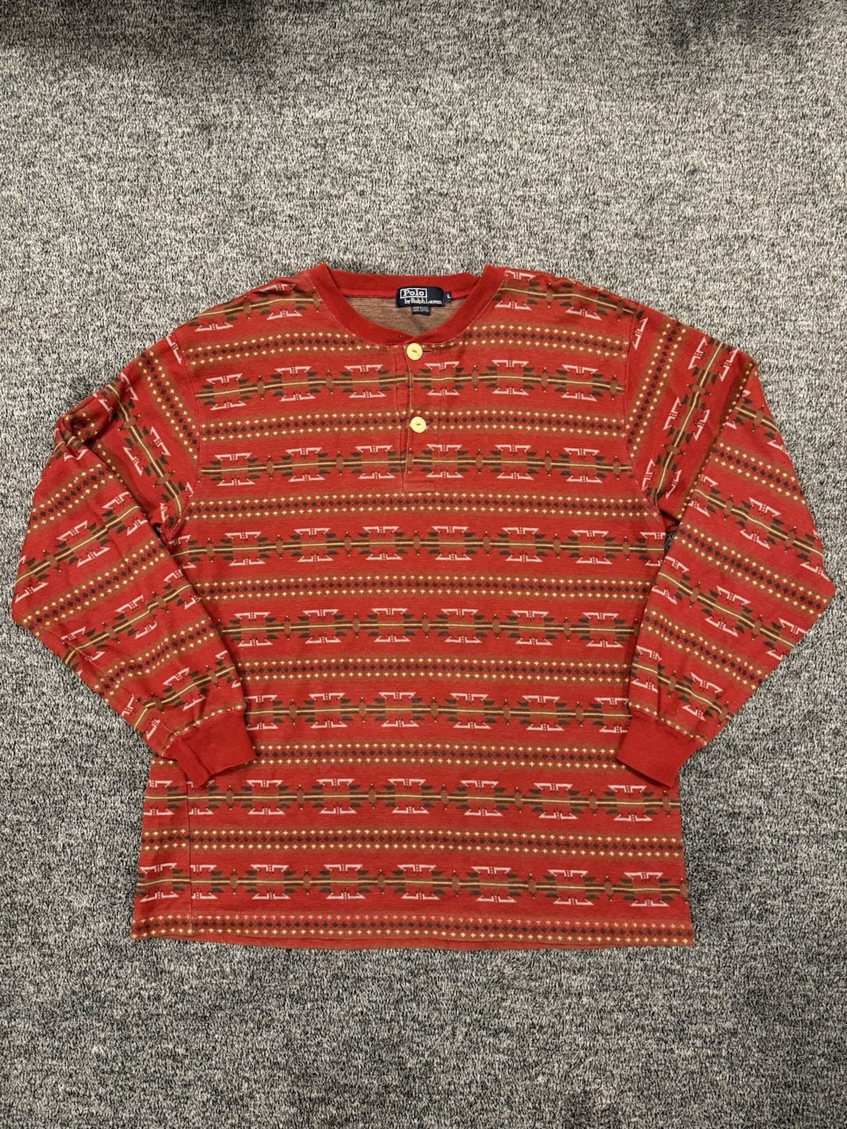 VTG Polo Ralph Lauren Aztec Henley 100% Cotton Made In USA Mens Size Large