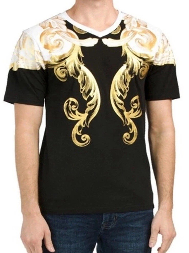 19V69 by Versace v 1969 Italia Sexy Rich Gold Foil Black T-Shirt Mens XL Top