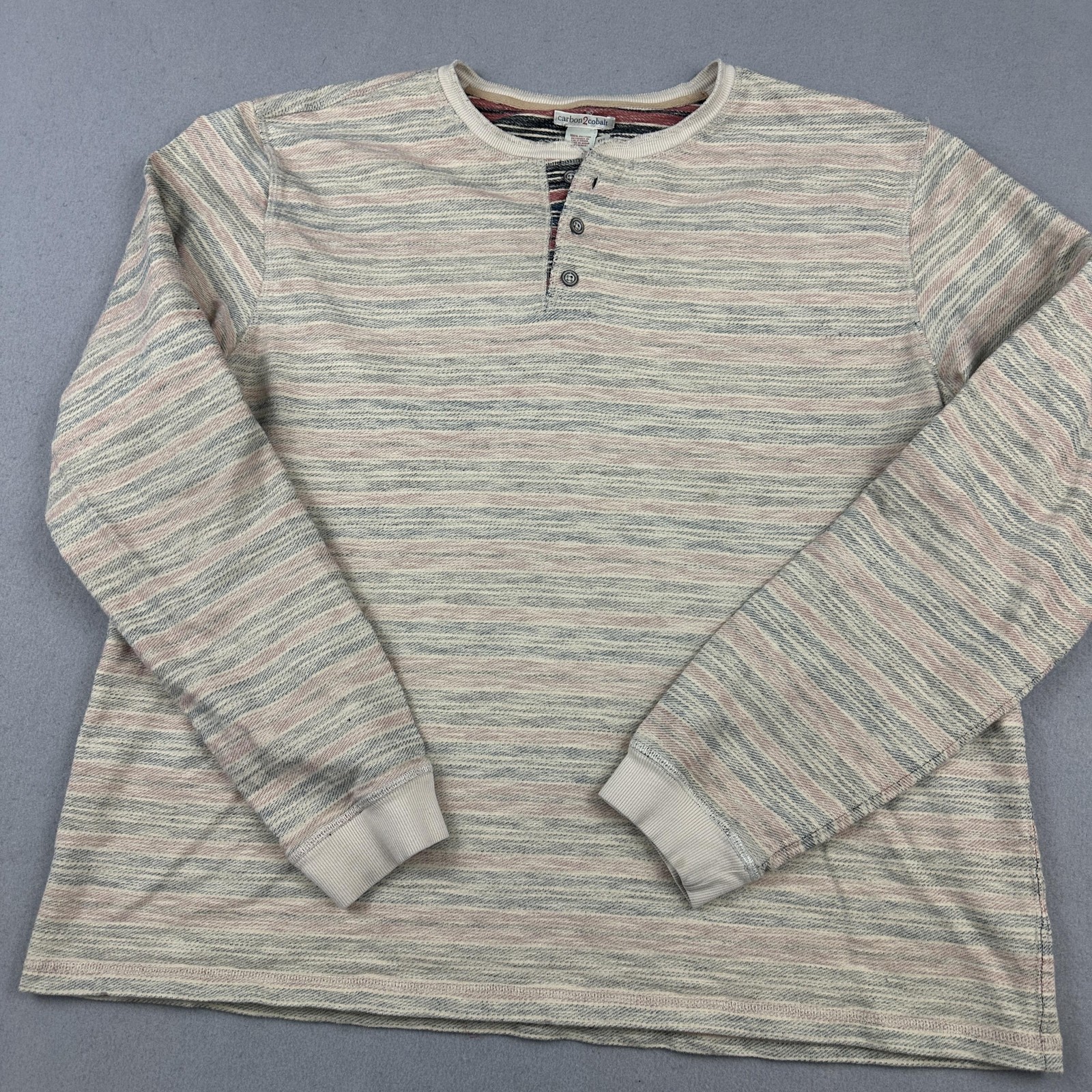 Carbon2Cobalt Shirt Men 2XL Beige Striped Henley Long Sleeve Knit Pullover XXL