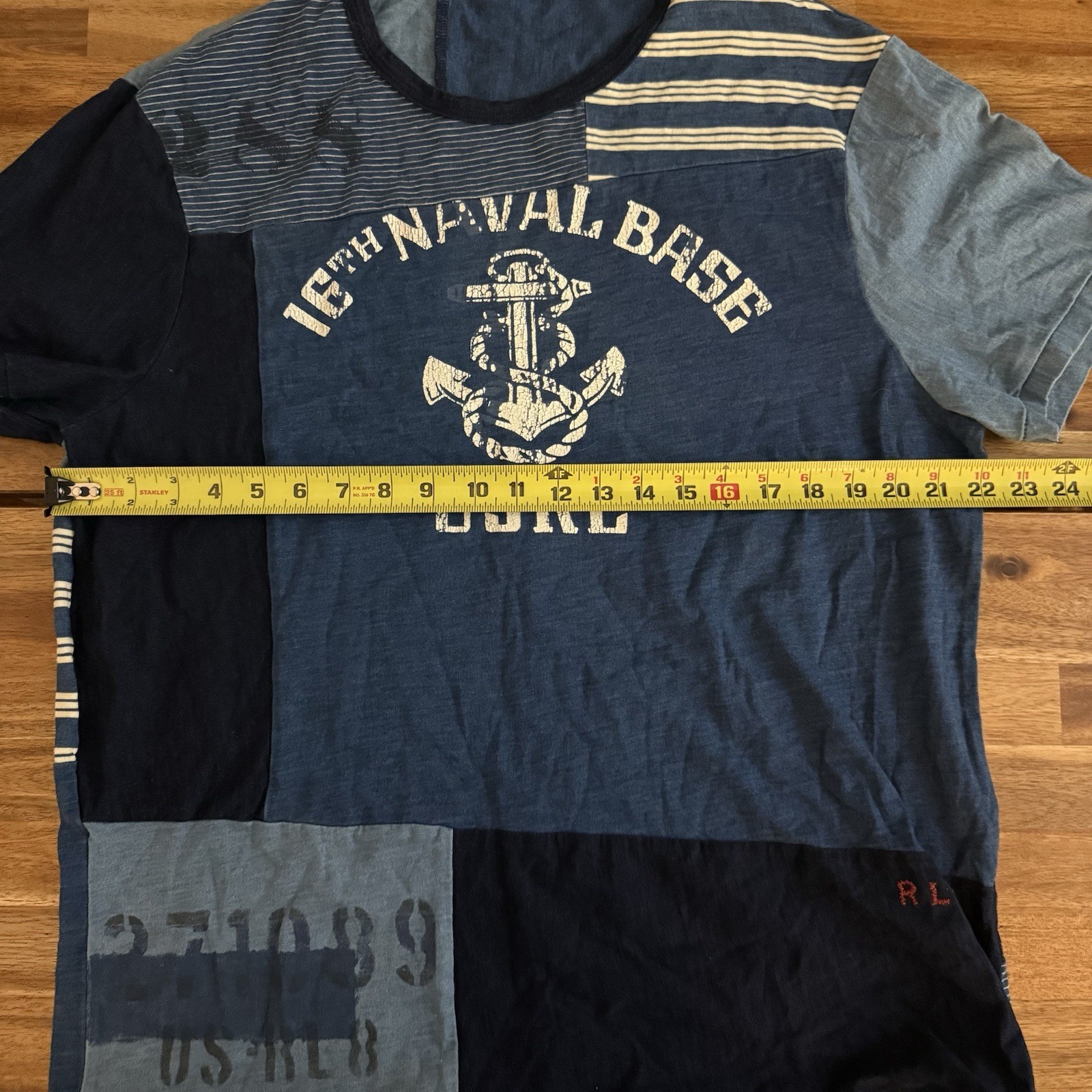 Polo Ralph Lauren Men&rsquo;s T-Shirt Sz XL Naval Base USRL Ugly Patchwork Blue Preppy