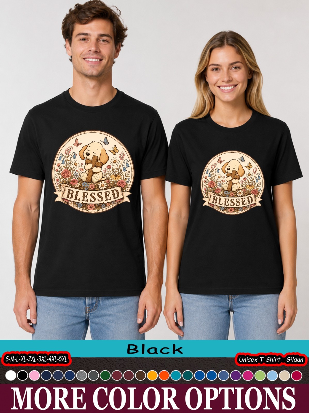 Christian Dog Lover Shirt, Blessed Puppy Cross Floral Faith Tee