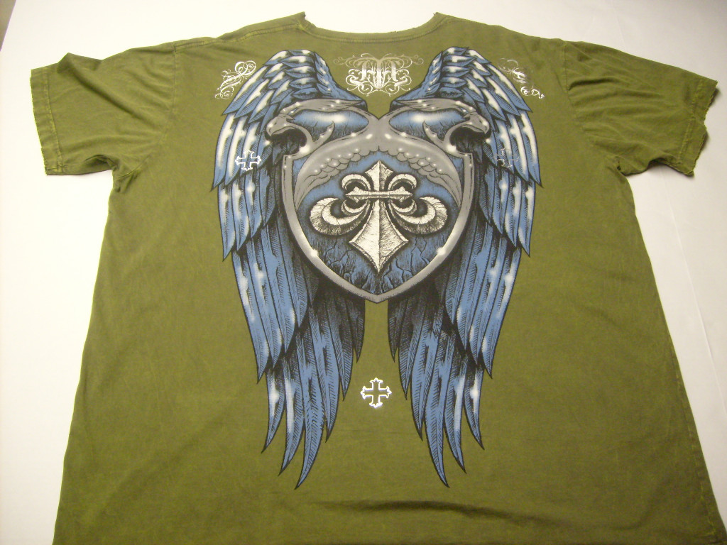 AFFLICTION Mens GREEN w EAGLES & SILVER FOIL WINGED SHIELD T-Shirt New XXL 2XL