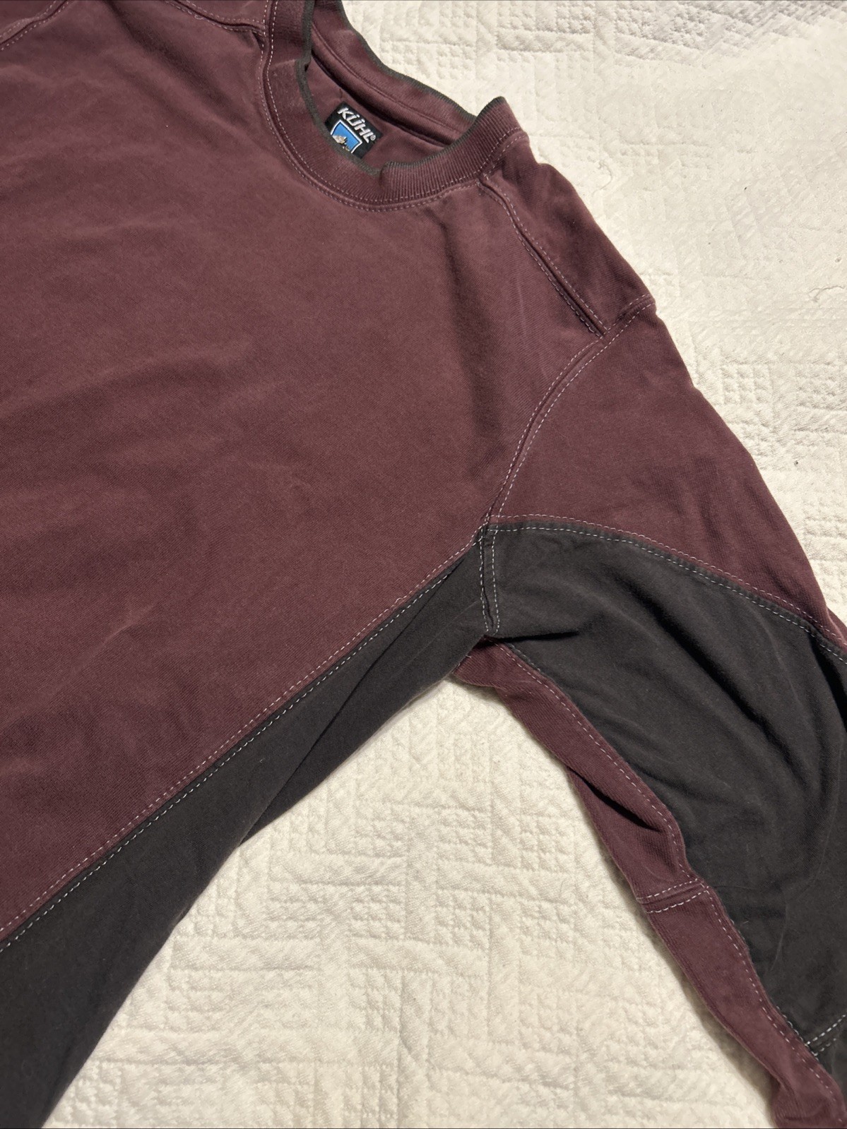 KUHL Shirt Mens Large Burgundy Red Gray Long Sleeve Organic Cotton Crewneck Tee