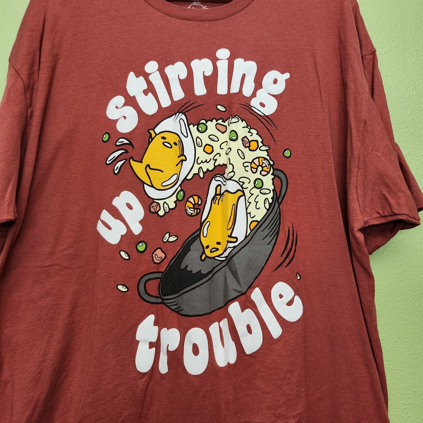 Sanrio Graphic Tshirt Gudetama « Stirring up Trouble » Maroon Unisex Adult Sz 2XL