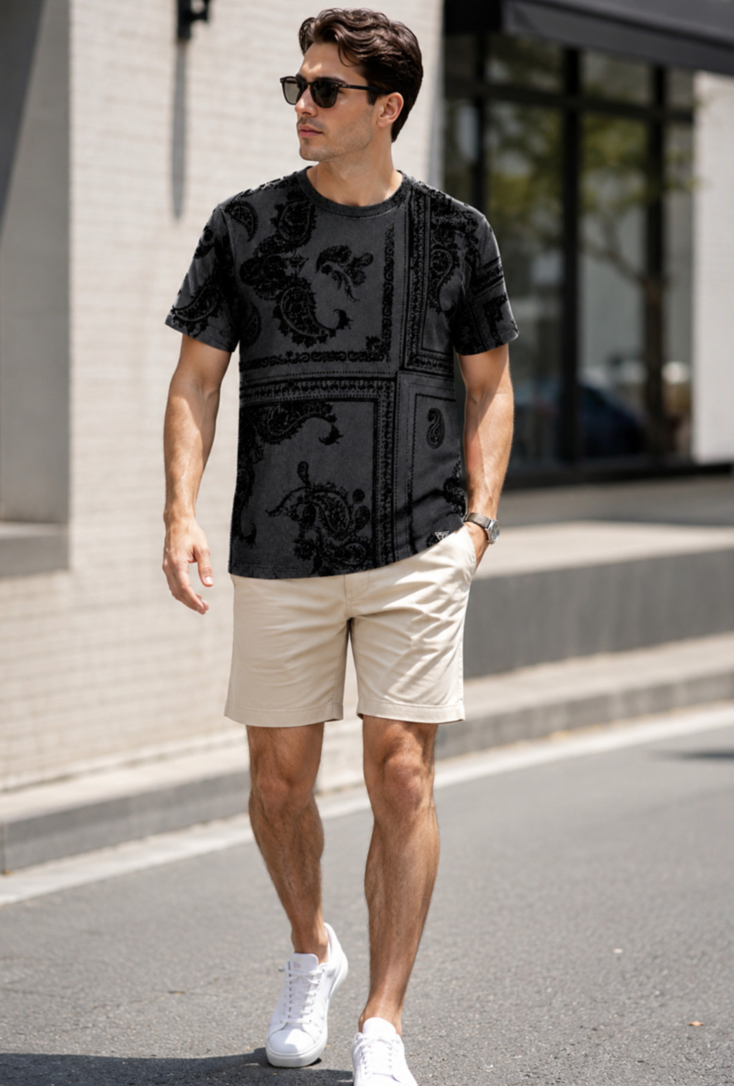 GUESS Men&rsquo;s Size M Black Paisley Flocked T-Shirt Velvet Short Sleeve NWT