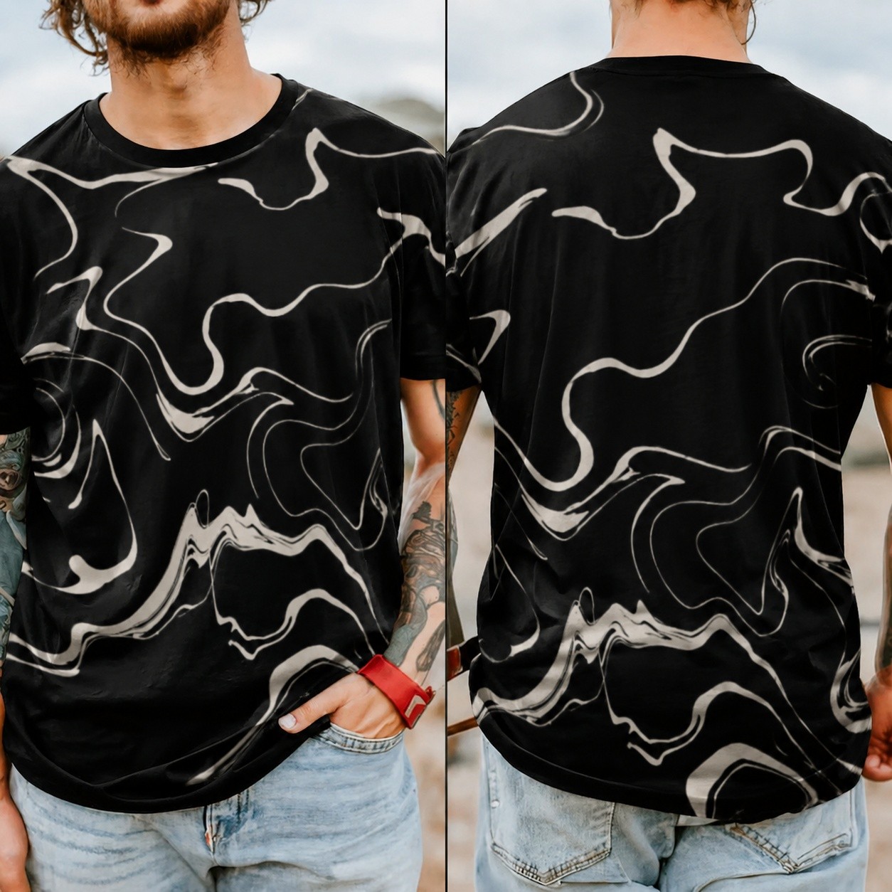 Men&rsquo;s Round Neck Tee, Black White Marble Swirl Print, Casual Street Short Sleeve