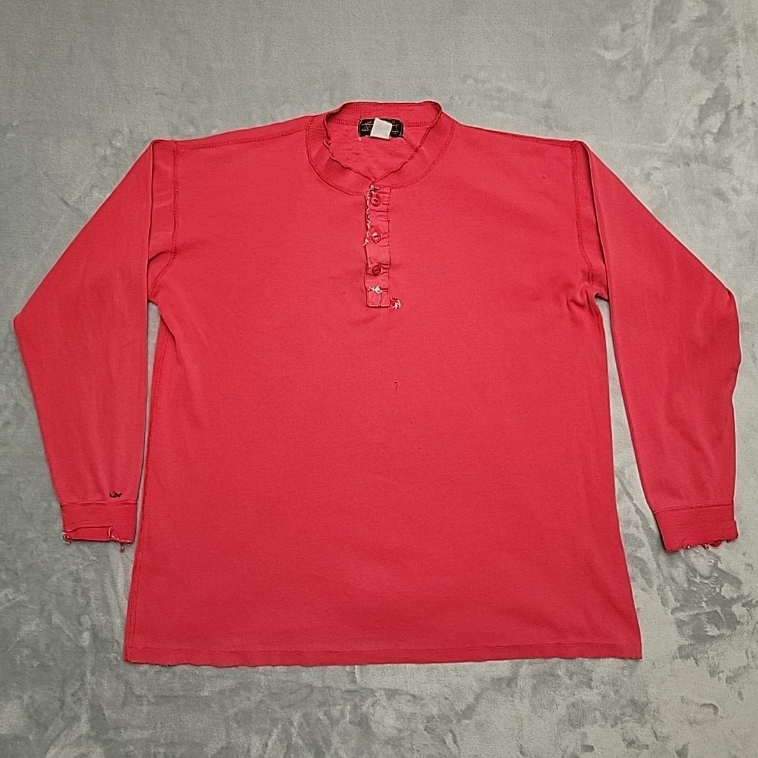 Vintage Eddie Bauer Henley Shirt Men L Red Ribbed Knit Distressed Grandpa Logger
