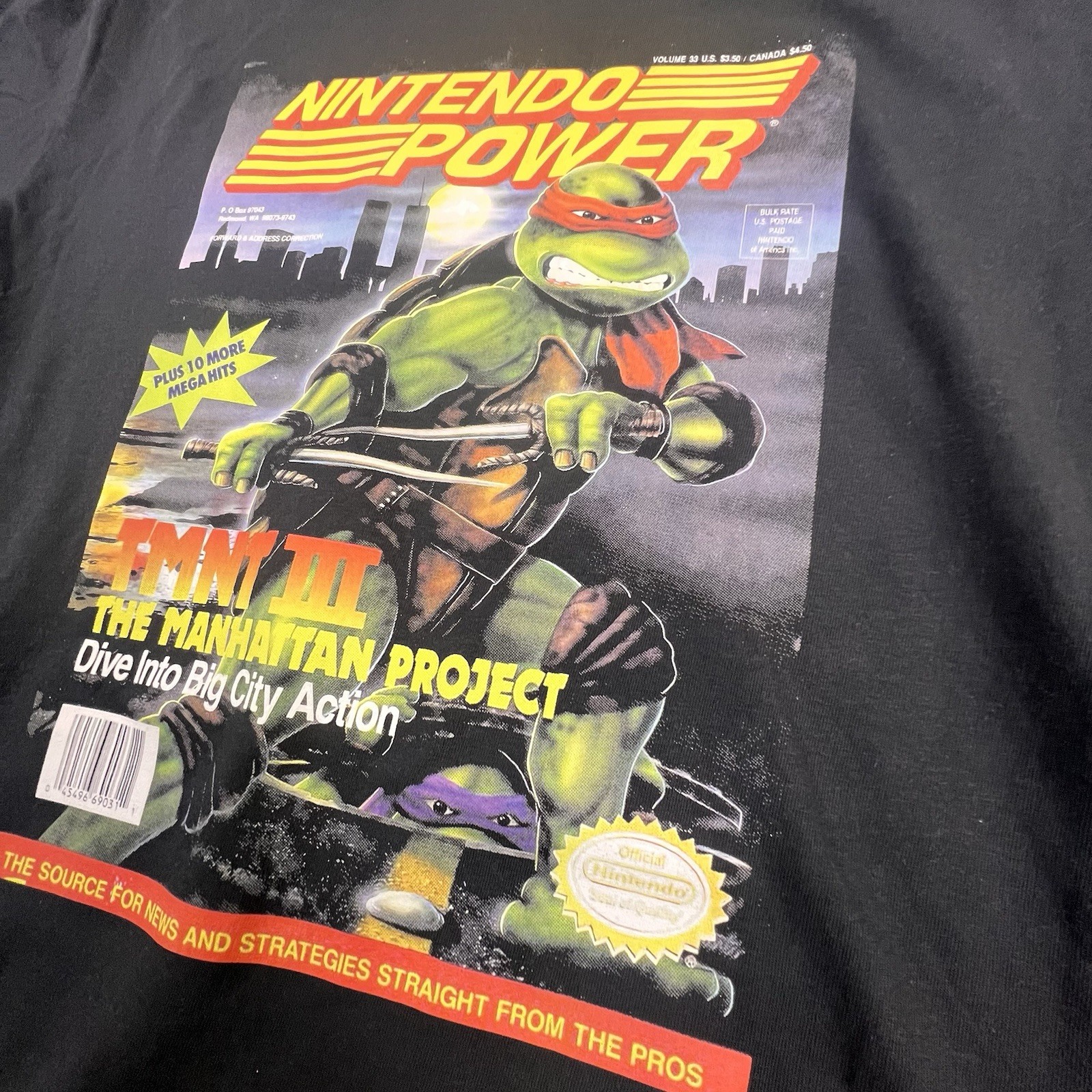 Nintendo Power Magazine Cover Art TMNT III Black Comfort Colors Tee LARGE RARE