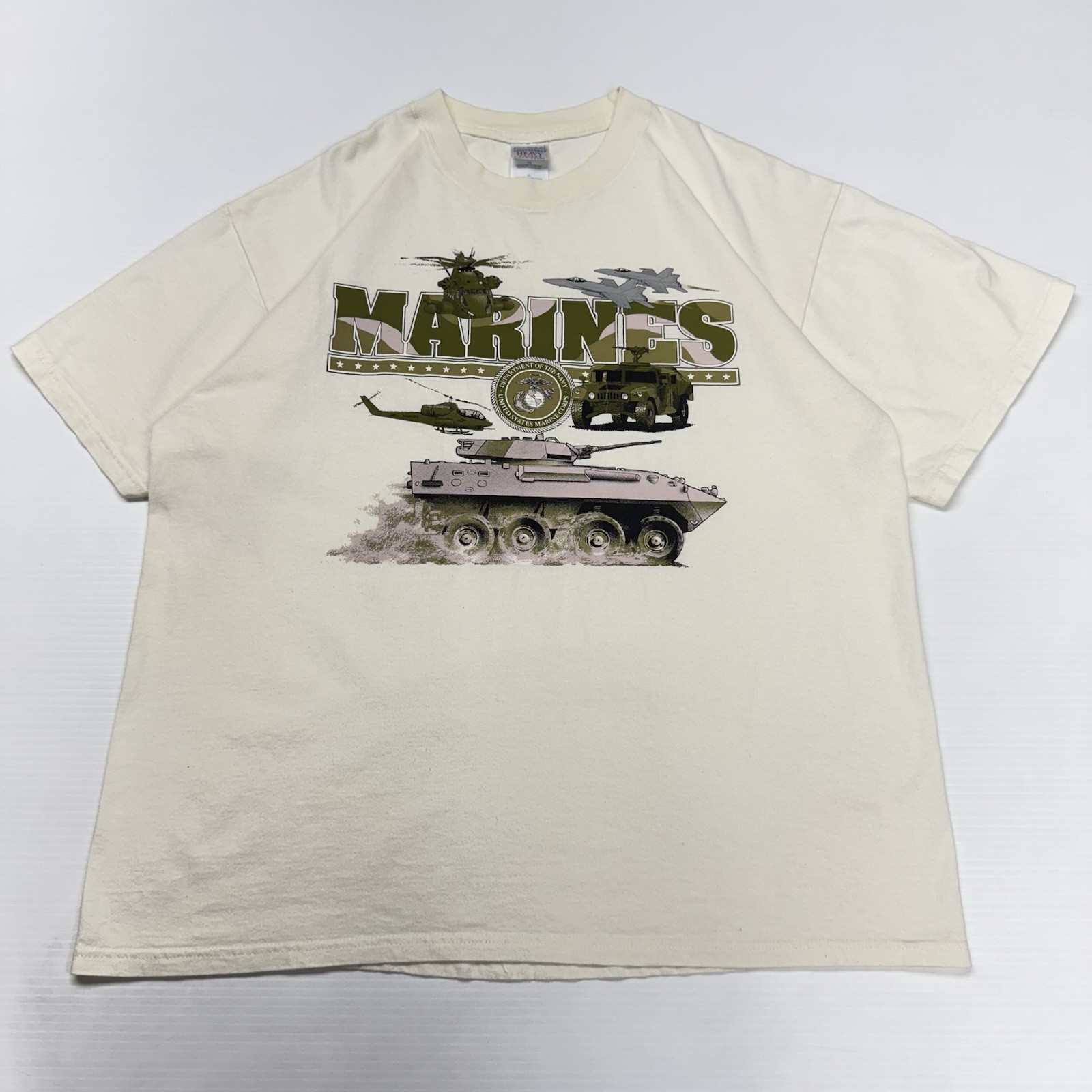 Vtg Gildan US Navy Marine Corps Military Vehicles Mens Shirt XL Beige Spellout