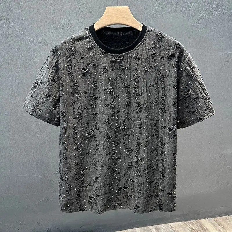 Men Luxury Fashion Trendy Loose Fit Ripped Hole Summer Casual Streetwear T-Shirt