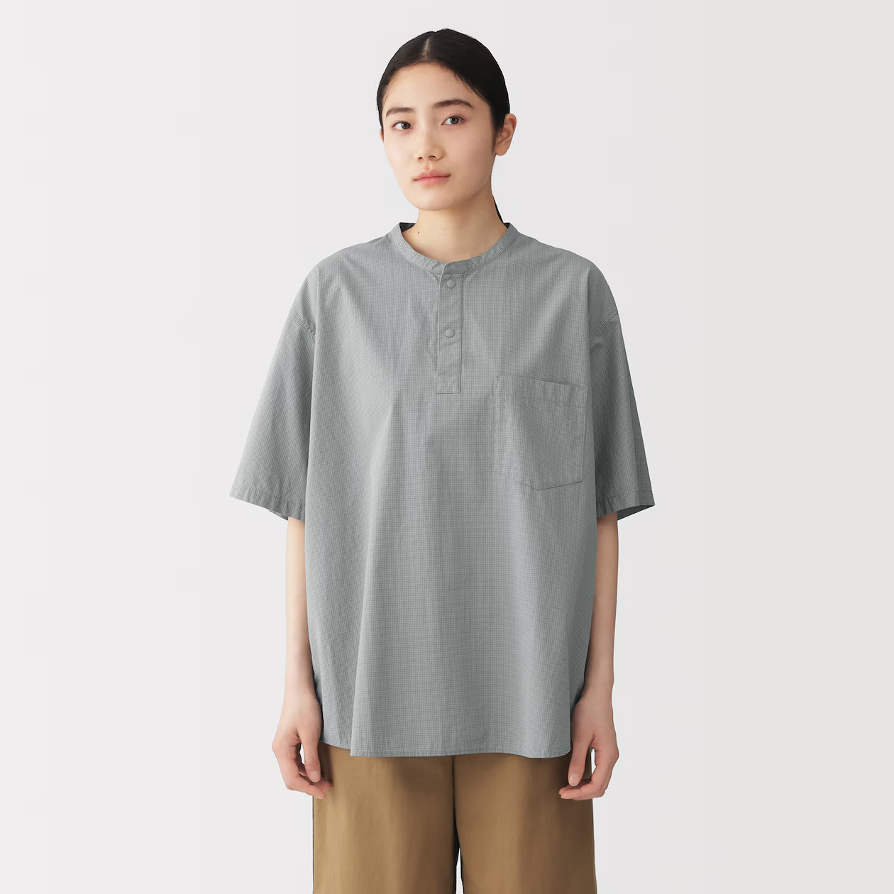 MUJI Mens 100% Organic Cotton Cool Touch Henley Neck T Shirt Gray Check FedEx