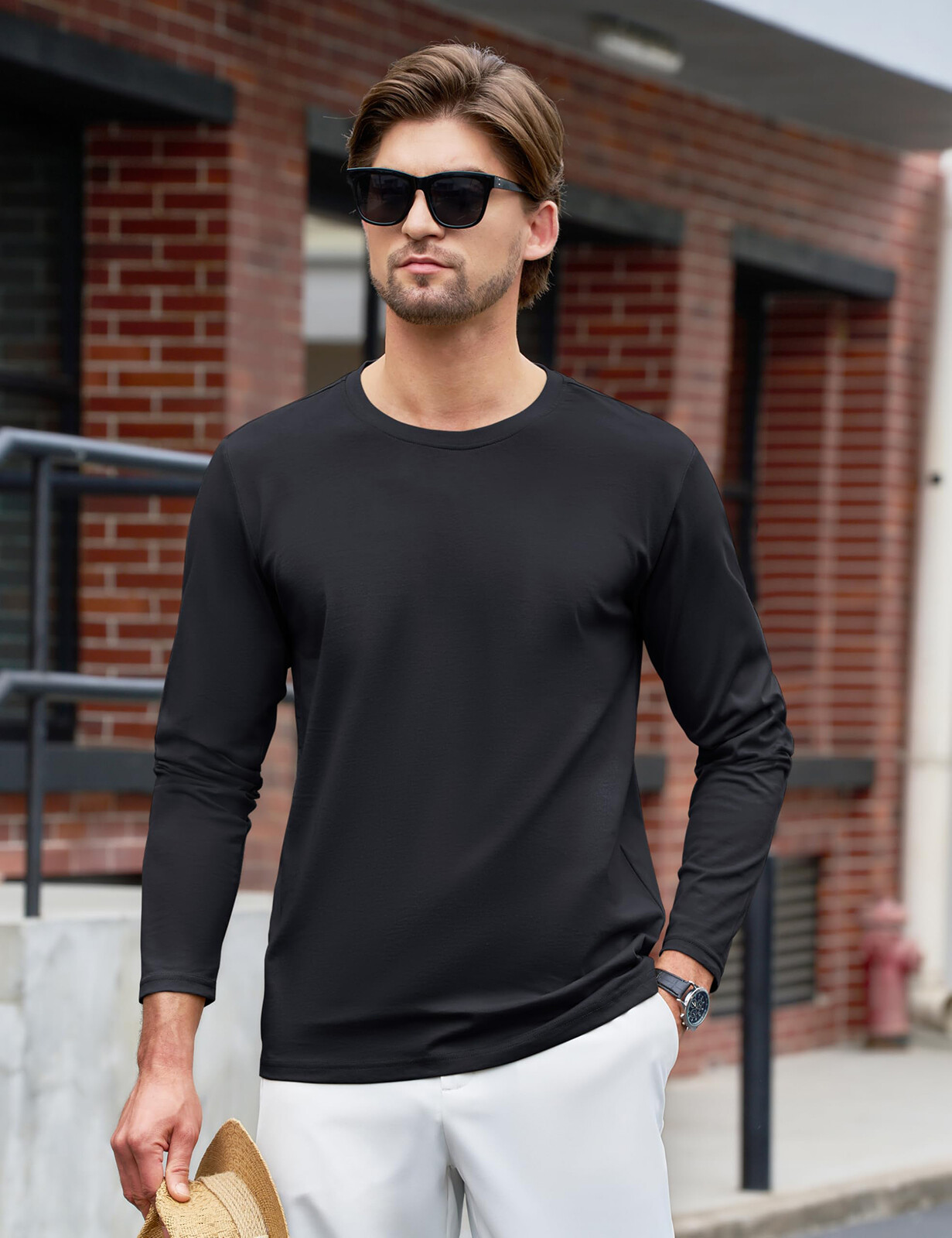 Mens Long Sleeve Shirts Cotton Moisture Wicking Undershirt Comfort Pullover Tops