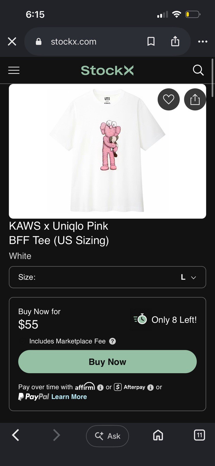 Uniqlo UT KAWS Pink BFF Graphic Tee White 2XL Cotton Jersey Crew Neck