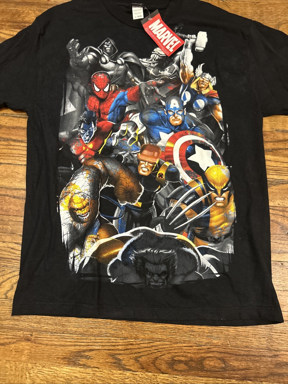 NWT Vtg Marvel 2007 Mad Engine Mens Largw Civil War All Over Print Black Tshirt
