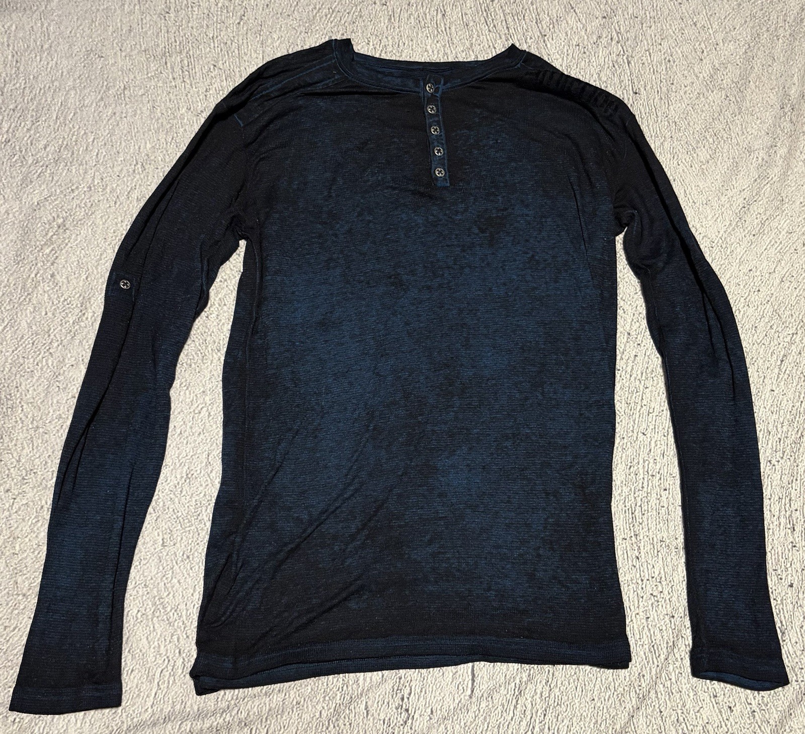 Affliction Mens Large Blue Henley Black Moon Spirit Skeleton Back Print Y2K