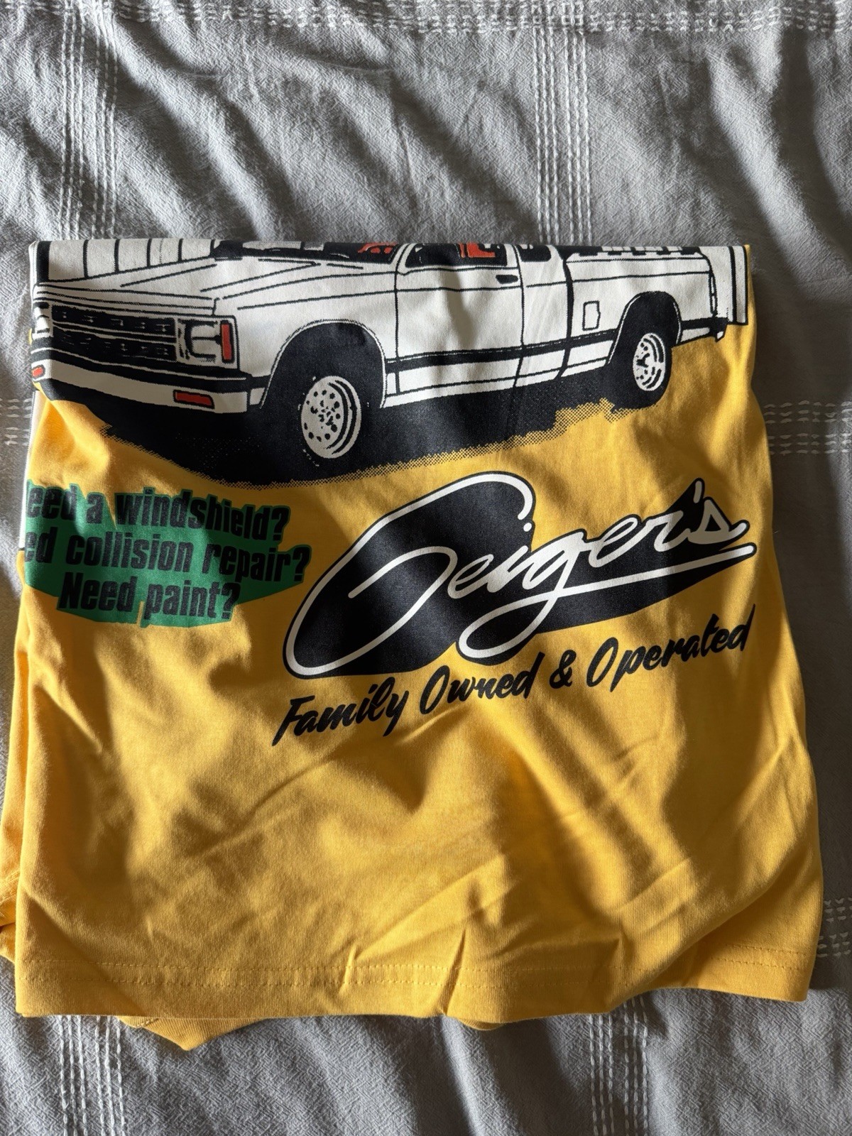 John Geiger Designer Men’s Body Shop T-Shirt, Yellow, Brand New, Never Worn