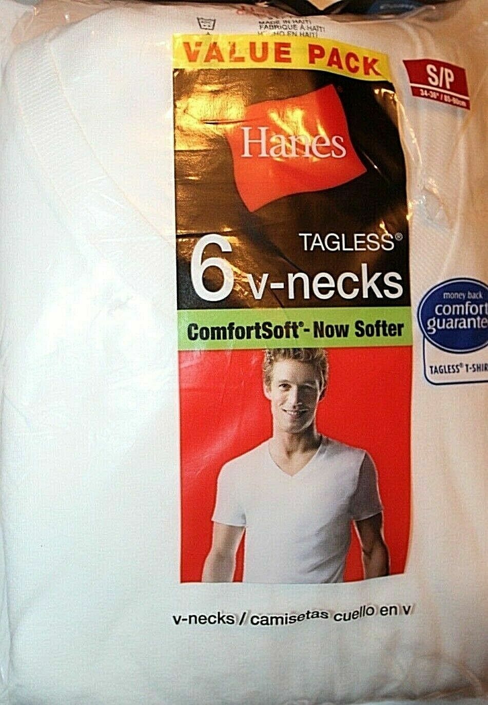 Hanes Men&rsquo;s White 6-Pk or 7-Pk Tagless V-Neck Shirt Small