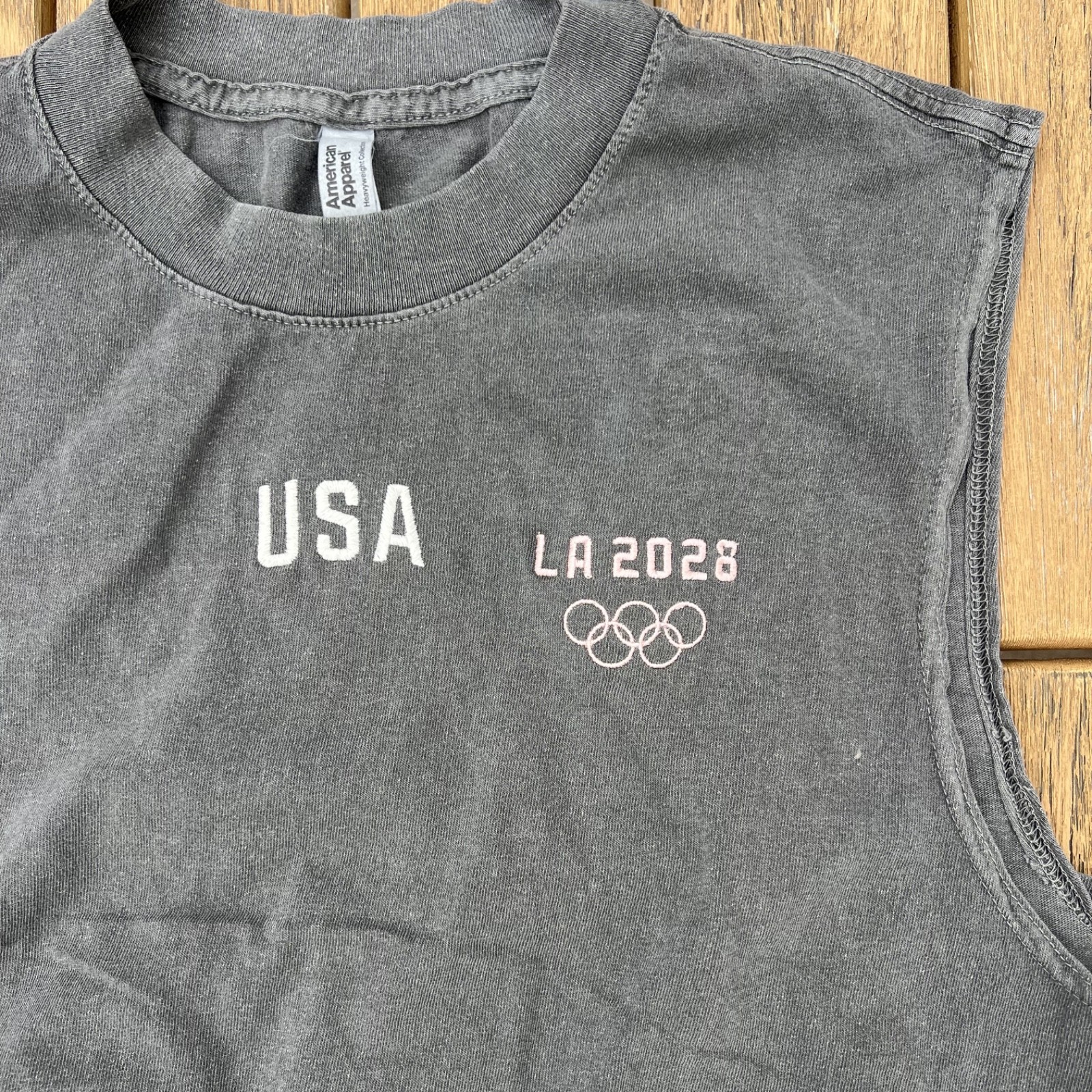 USA custom embroidery Mens faded black American Apparel 100% cotton muscle Tee