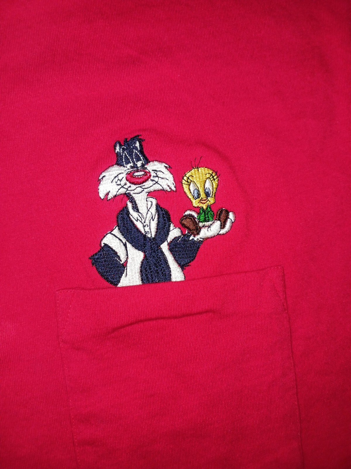 Vintage Warner Bros Pocket T Shirt – Tweety Sylvester Embroidered Large L Red