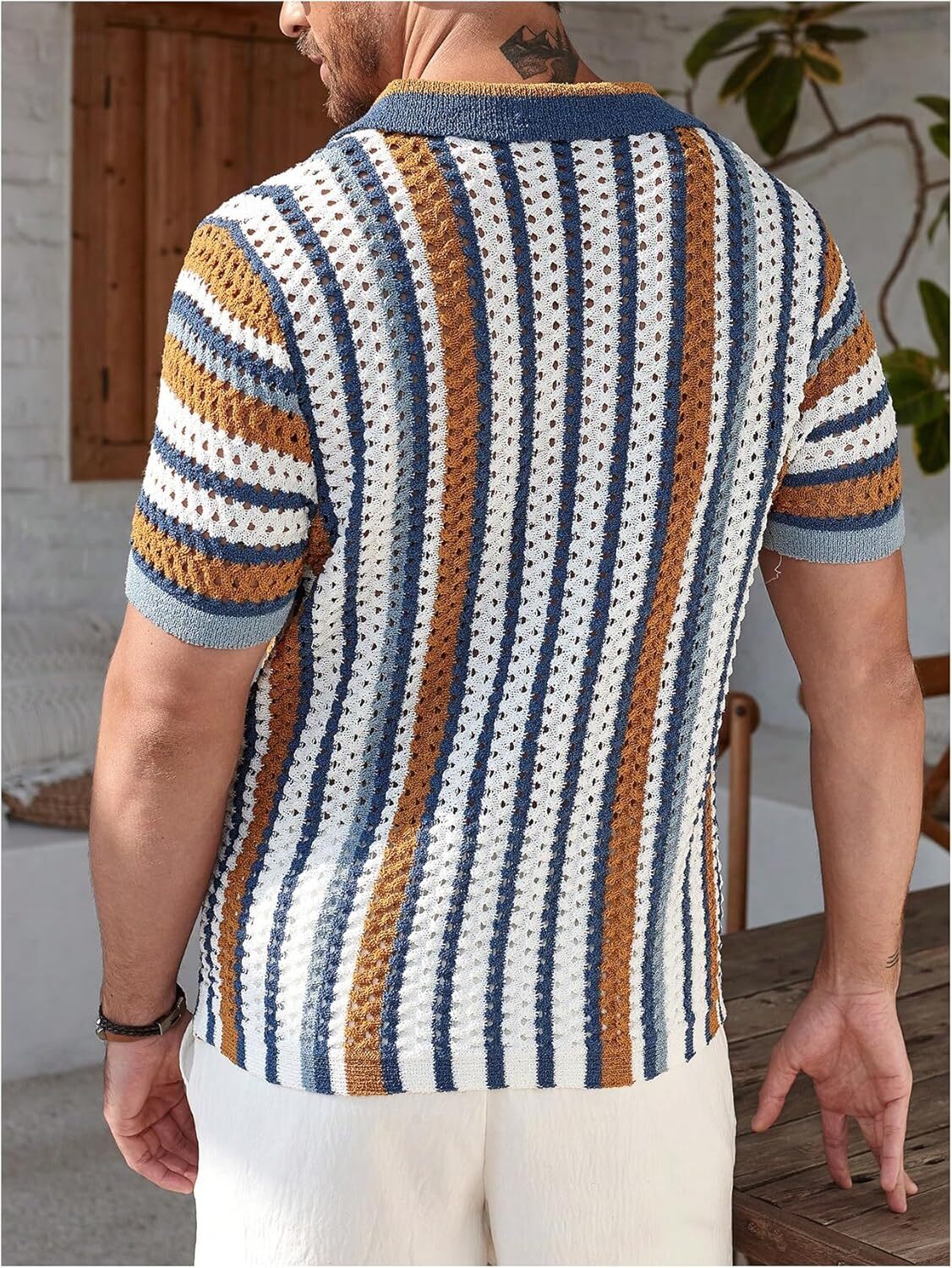 Men&rsquo;s Half Sleeve Crochet Knit Shirt Striped Hollow Out Collared Button Down Top