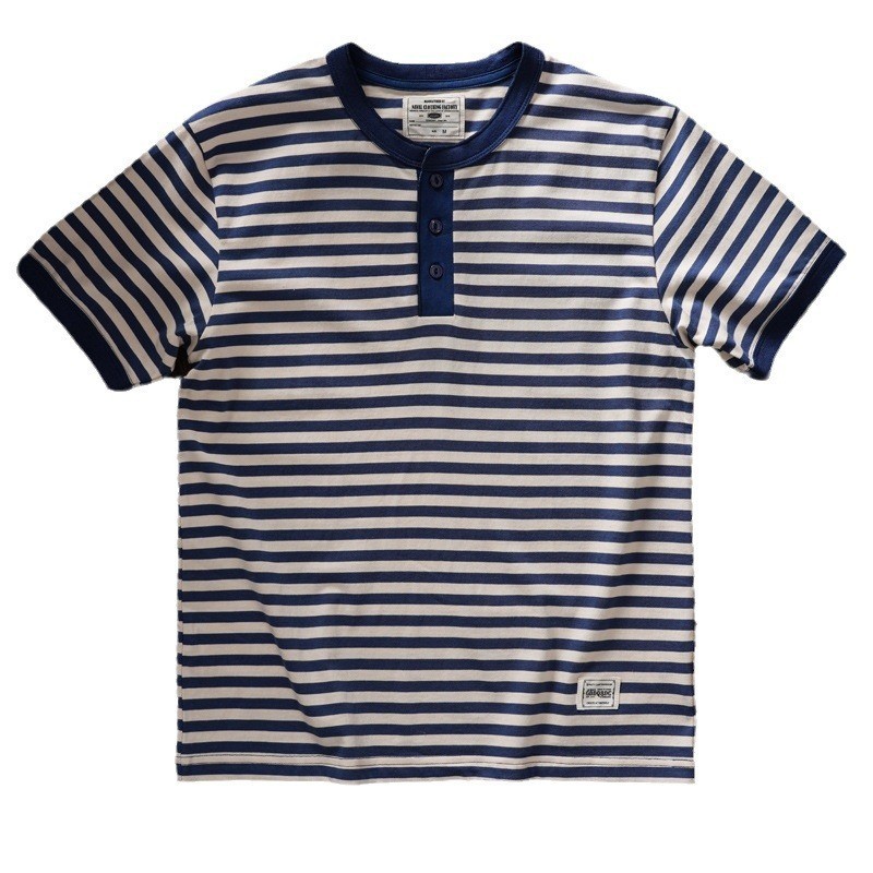 American Tough Guy Style Henry Collar Striped Washed Cotton Short Sleeved Shirt
