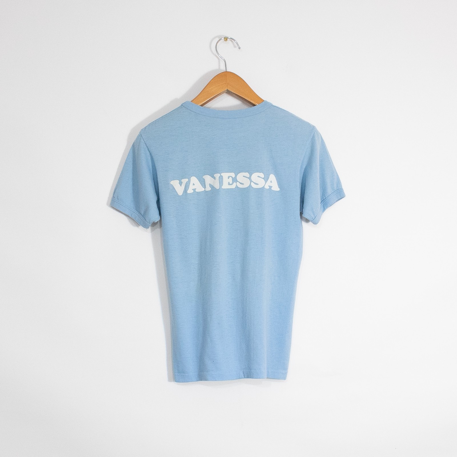Vintage 80s Heart Ringer T Shirt Small – Single Stitch Distressed Name Text Blue