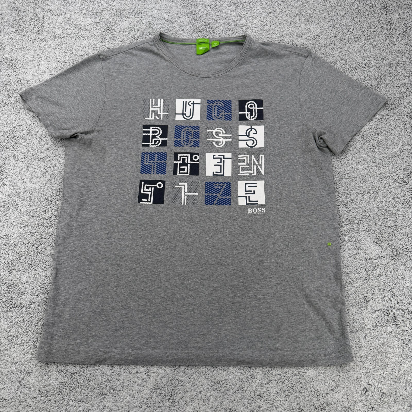 Hugo Boss Shirt Men Large Gray Short Sleeve Logo Grid Spellout Crewneck Tee Y2K