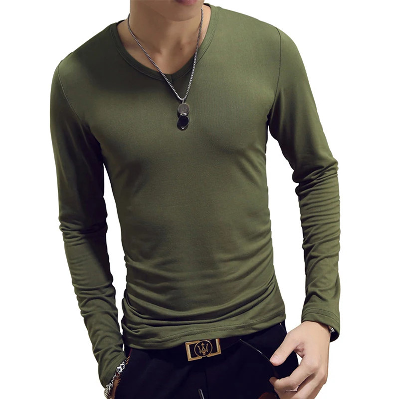 Men T Shirt Long Sleeve Slim Fit Solid Color Round Neck V Neck Cotton Top