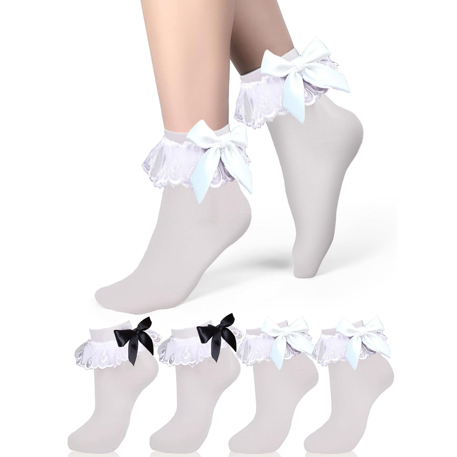 Womens White Ruffle Socks with Bow Ankle Lace Trim Frilly Socks Summer …