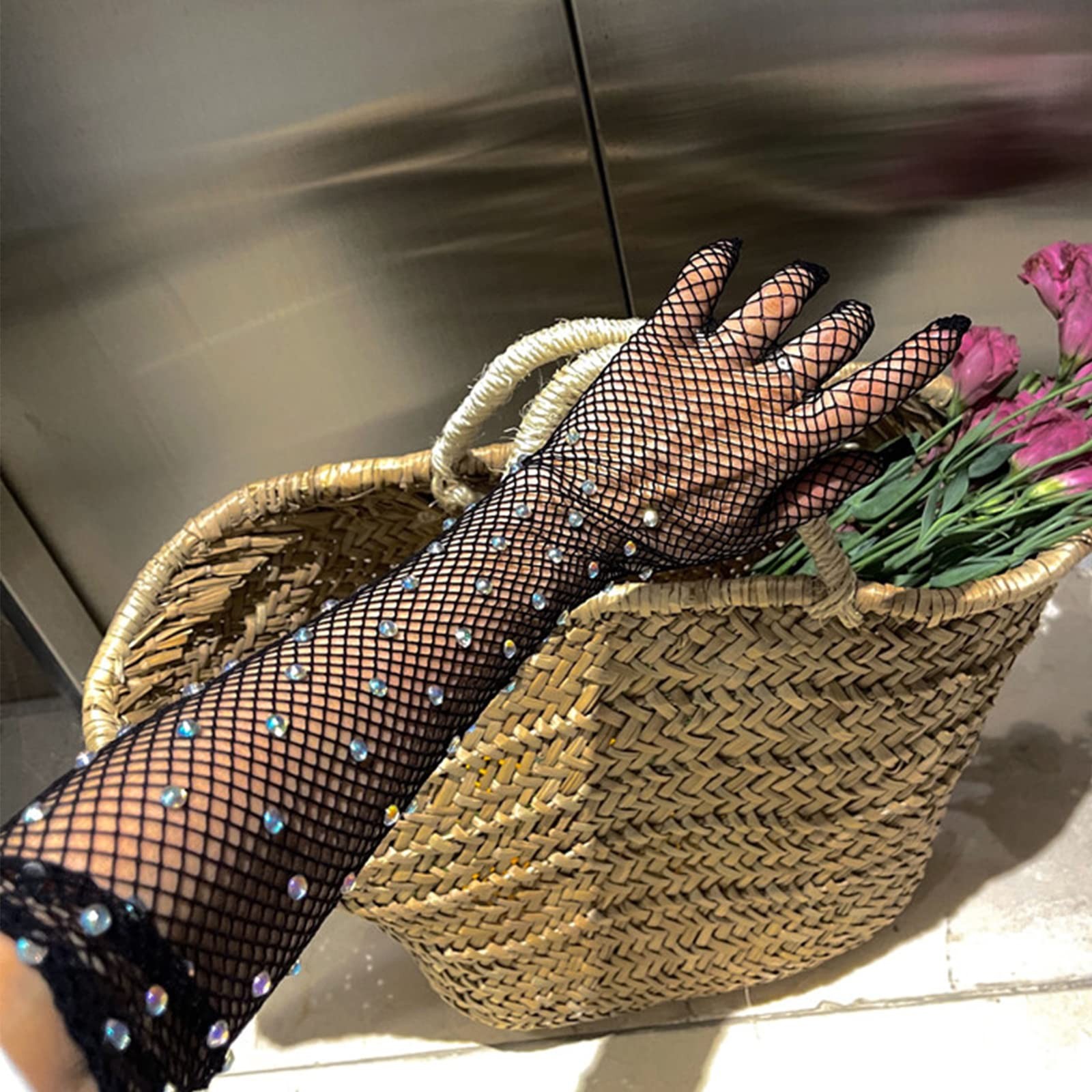 Womens Rhinestone Fishnet Long Gloves Mesh Gloves Goth Cosplay Costume Access…