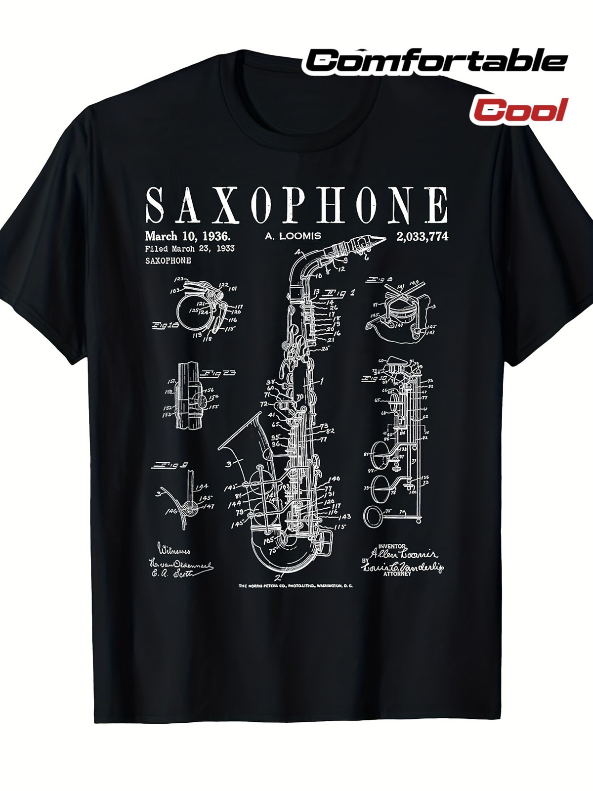 Saxophone Old Vintage Patent Drawing Print T Shirt[Cool Design] Street Trendin