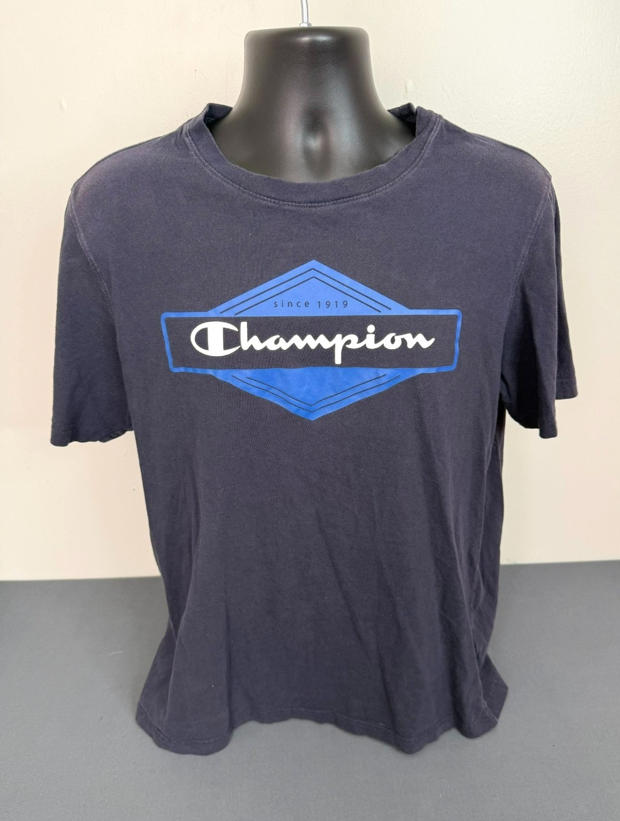 Champion Men&rsquo;s Size Large Logo Print Crew Neck Short Sleeve Cotton T-Shirt Navy