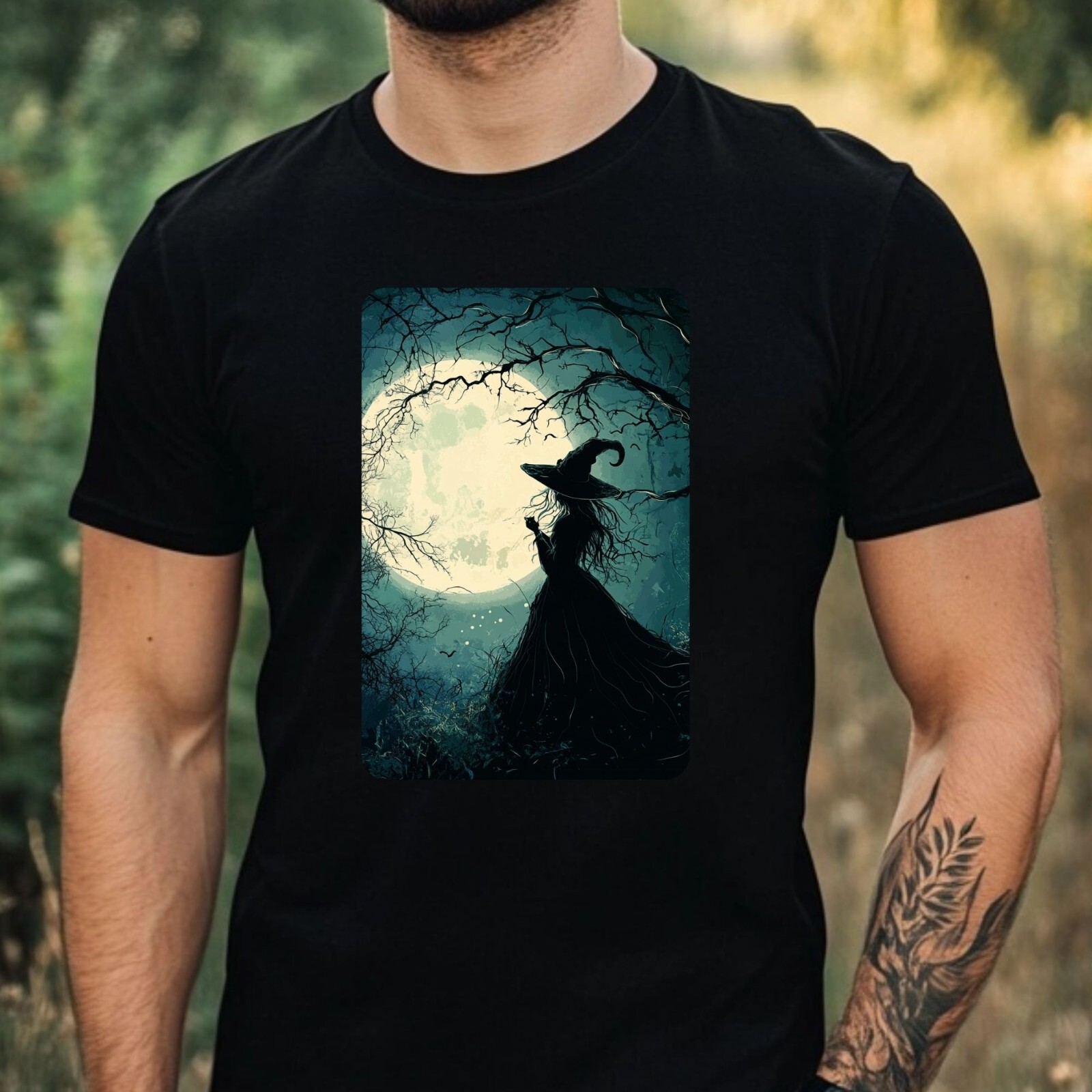 Mens Witch at Full Moon Motif Cotton T-Shirt Size XS to 5XL