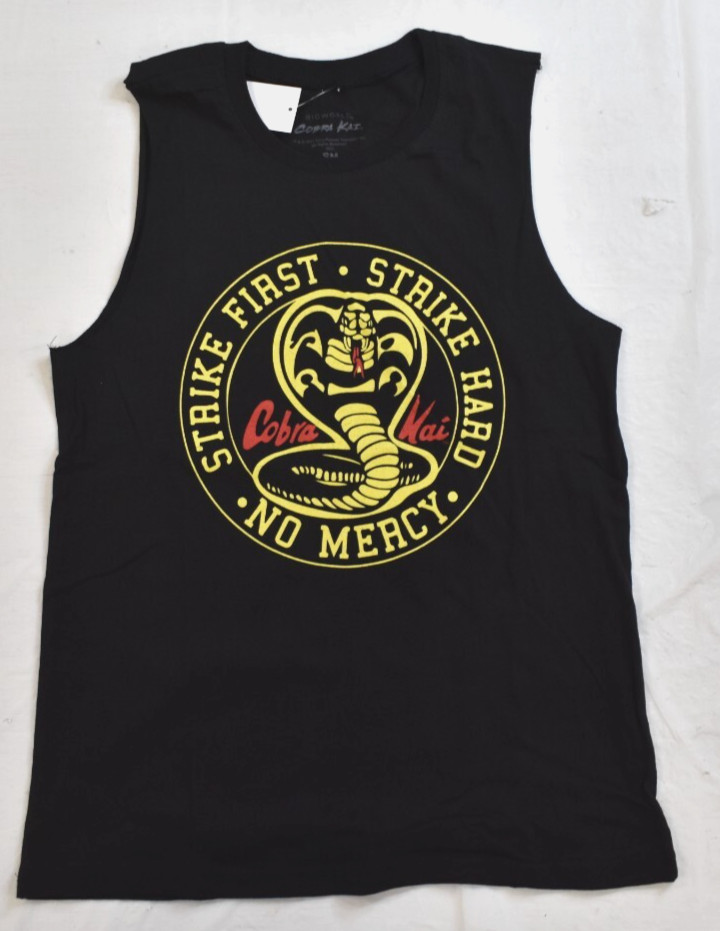 Cobra Kai Mens Strike First Strike Hard No Mercy Muscle Tank Shirt NWT Small