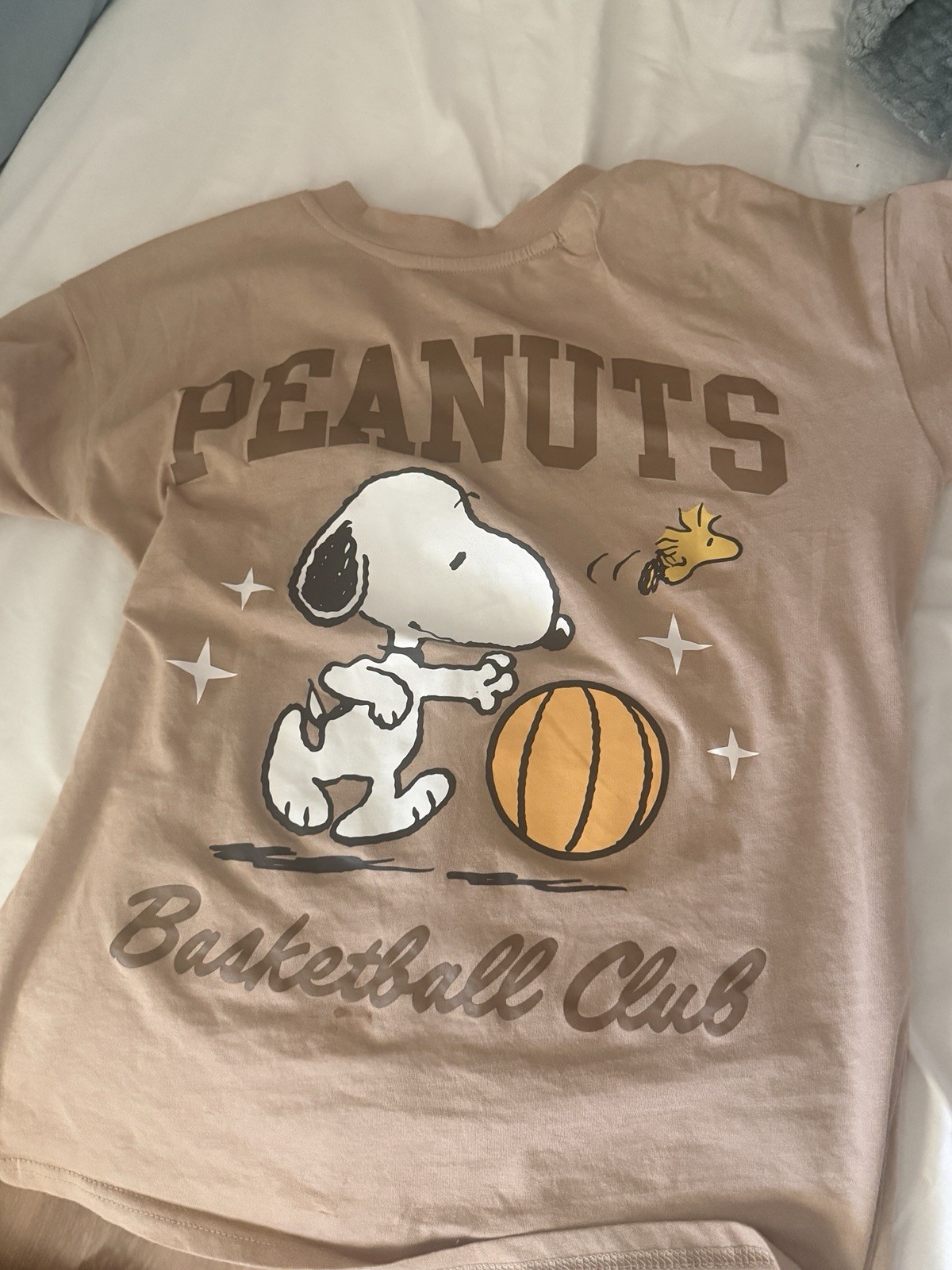 Peanuts Basketball Club Snoopy Woodstock Beige Cotton Crew Neck T-Shirt XS