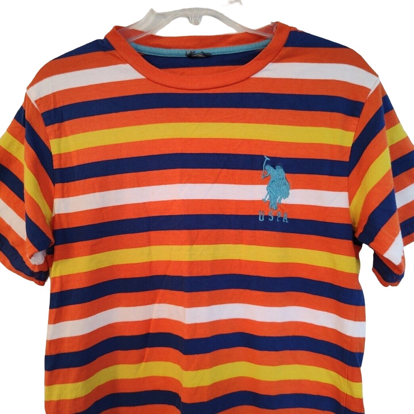 USPA T-Shirt Men Size S Orange Colorful Striped Embroidered Logo Short Sleeve