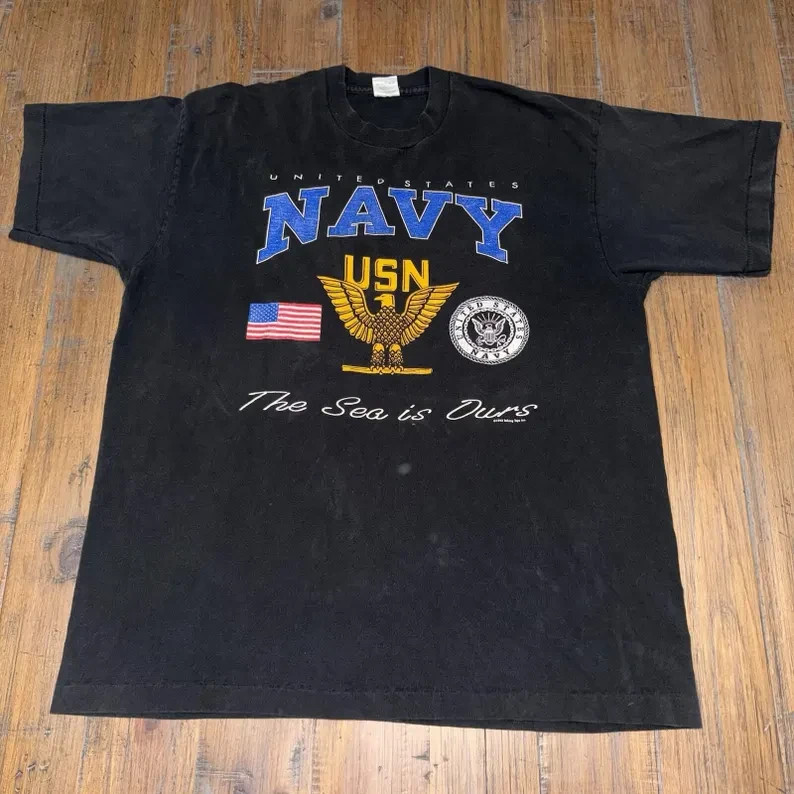 Vintage 90s US NAVY T Shirt Men’s XL Black Faded Single Stitch
