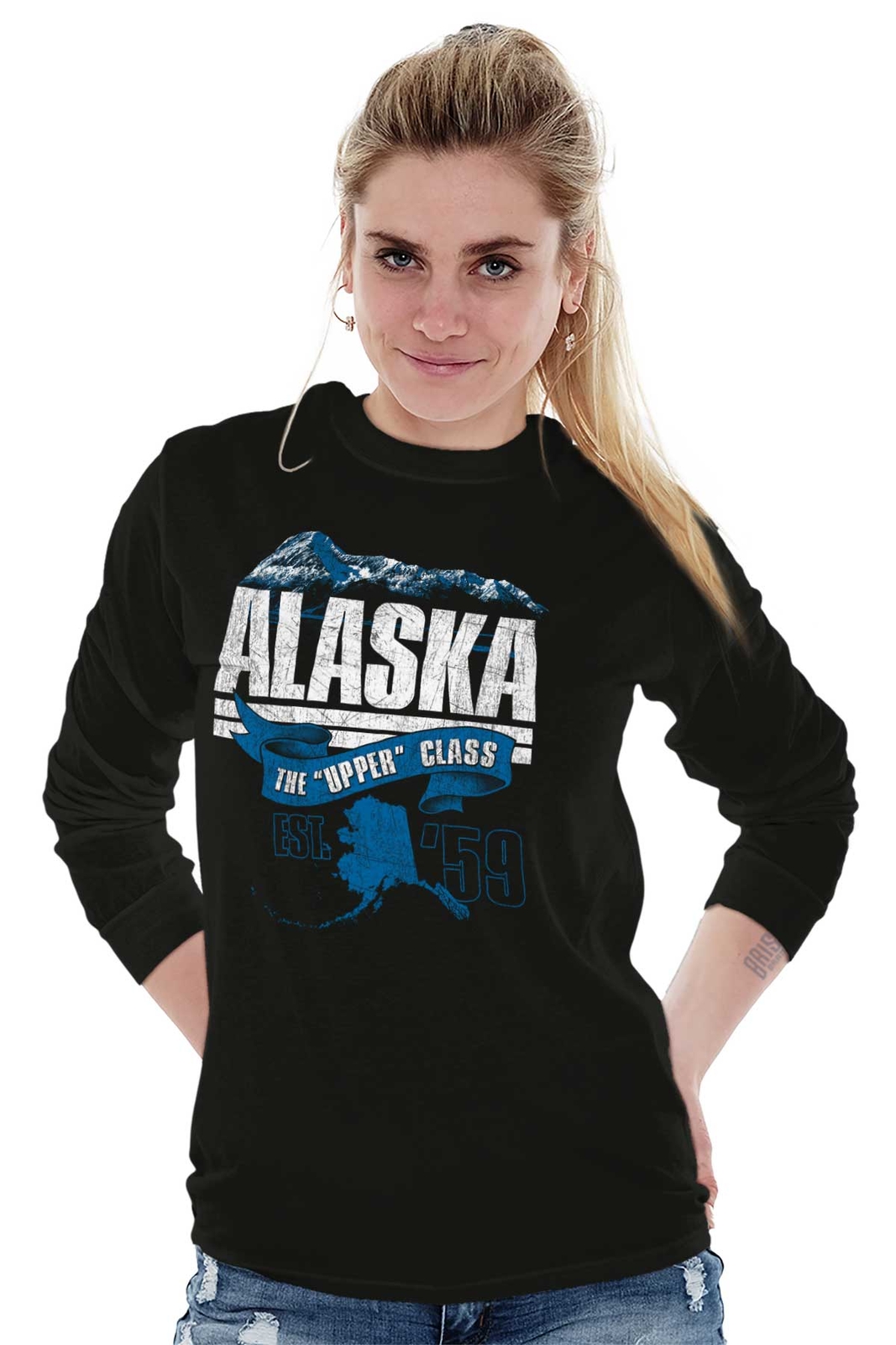 Alaska Upper Class AK State Map Vacation Long Sleeve Tshirt Tee for Adults