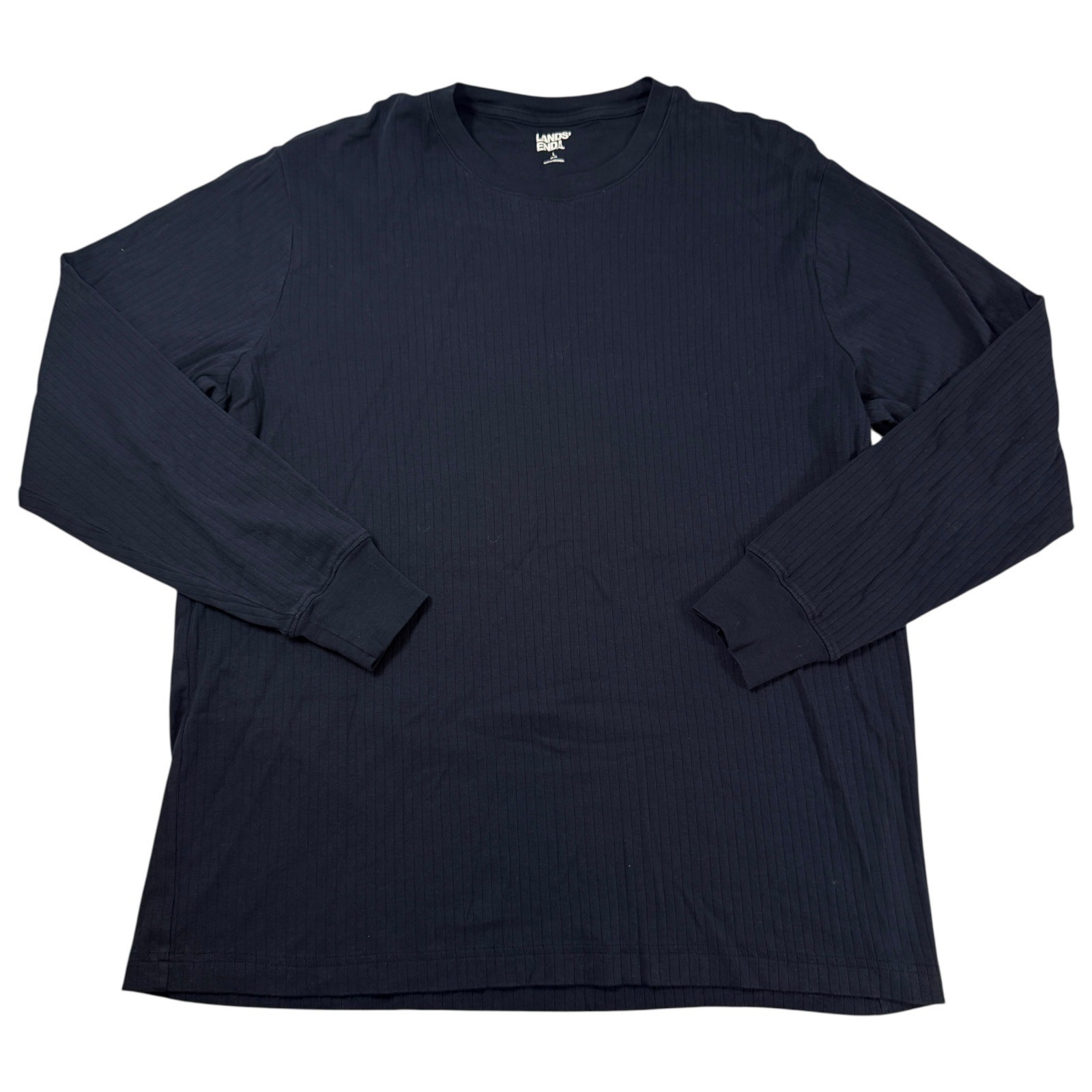 Lands End Mens Crew Neck Large Navy Blue Ribbed Long Sleeve 100% Cotton T-Shirt