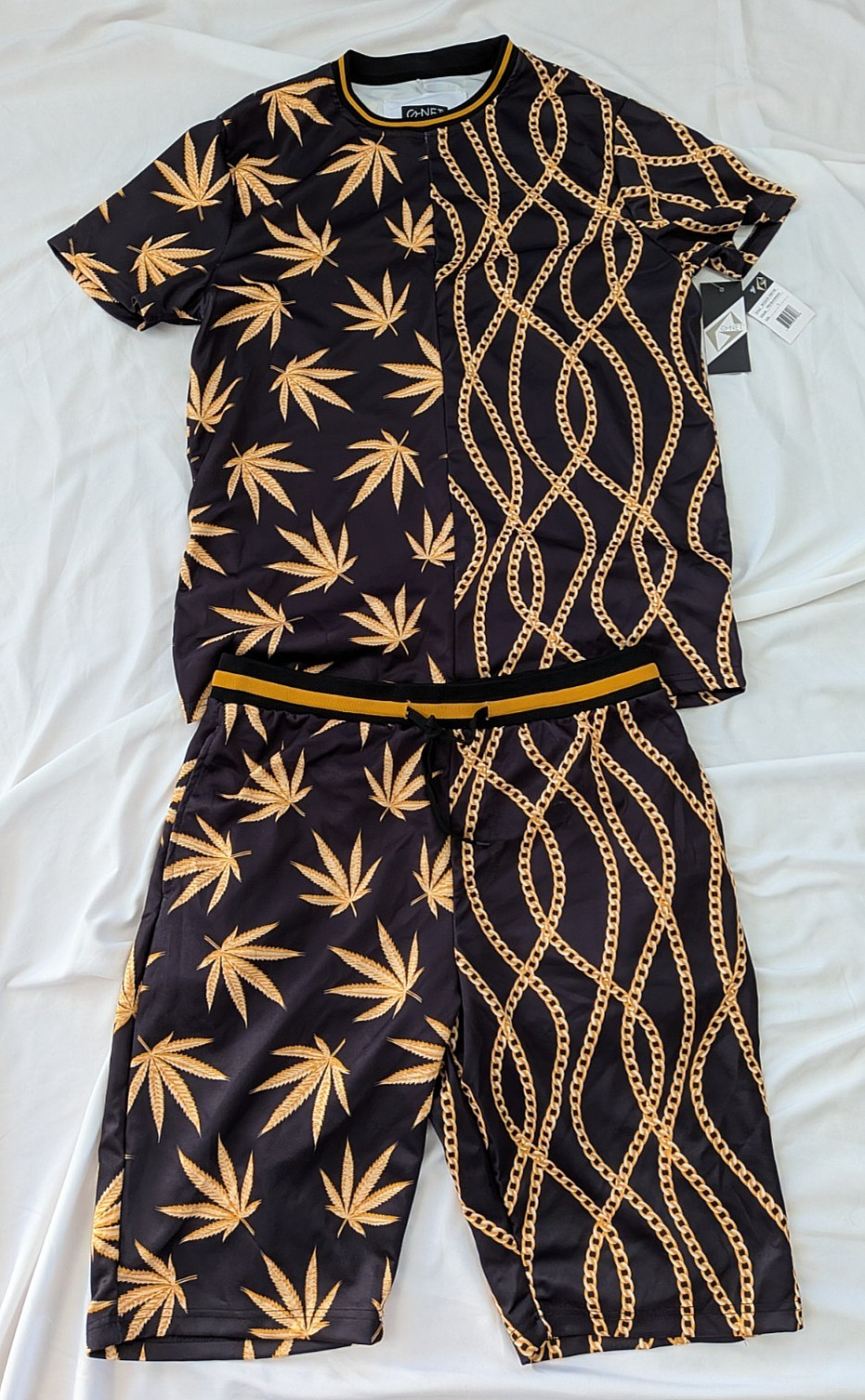 NWT Black Gold Chain Pot Weed Leaf T-Shirt & Drawstring Shorts Set Men&rsquo;s Large