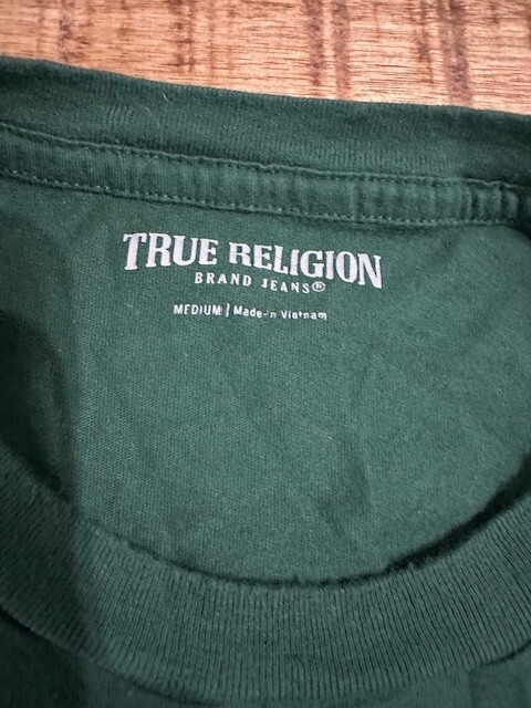 Mens True Religion Jeans Green Foil Silver T shirt 2 Double Sided Medium Buddha