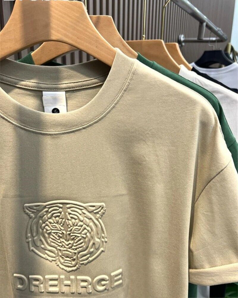 New Men Fashion Trend Tiger Embroidery Summer Short Sleeve Luxury Cotton T-Shirt