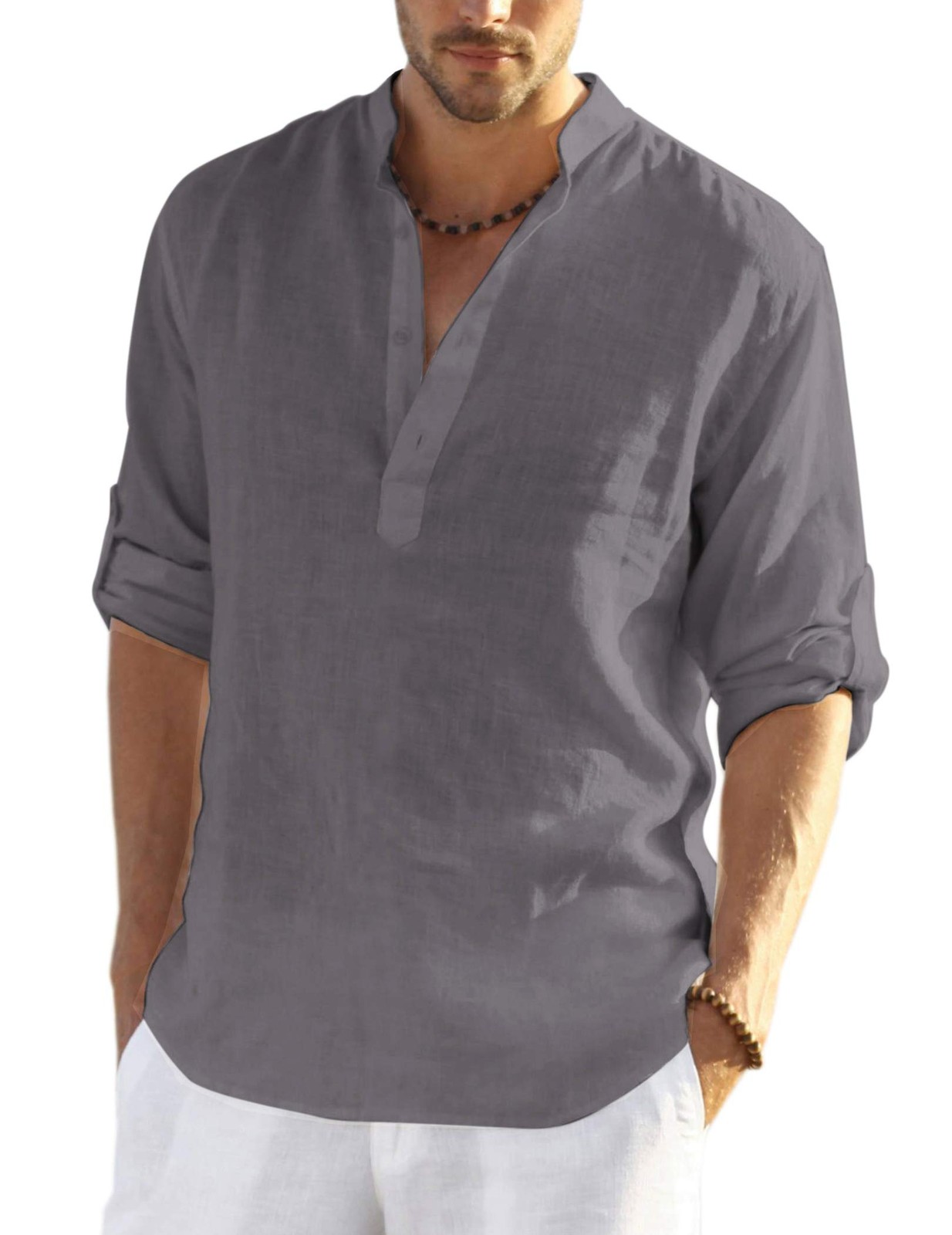 Men&rsquo;s Cotton Hemp Long Sleeve Casual Beach Henley Shirt(GREY,L)