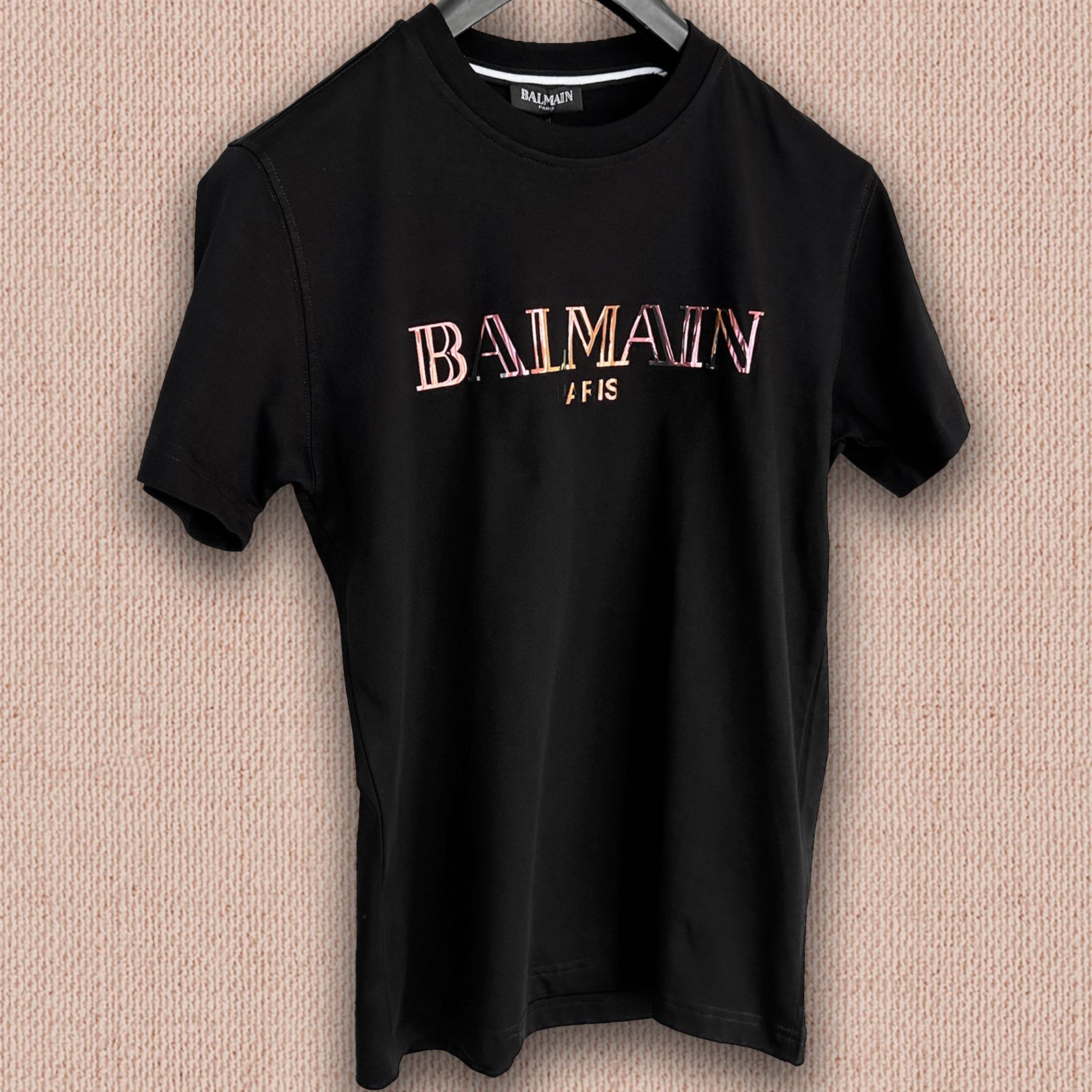 Balmain Black T-shirt — Golden Text Logo Print — Size XL — Tariff Paid