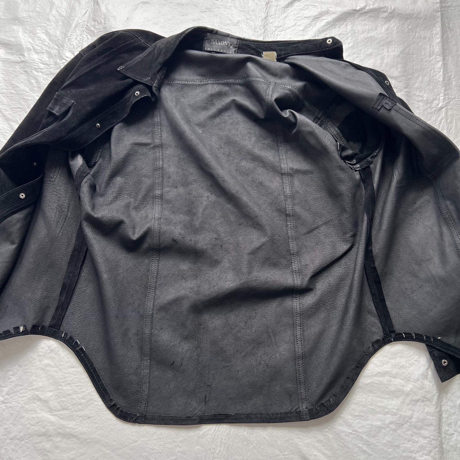 Saxony Collection leather shirt jacket mens Large black suede pocket flaps