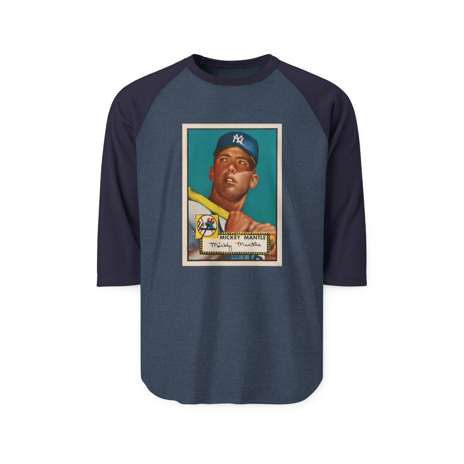 Vintage Mickey Mantle Rookie Baseball Card T-Shirt – Raglan Two Tone 3/4 Sleeves