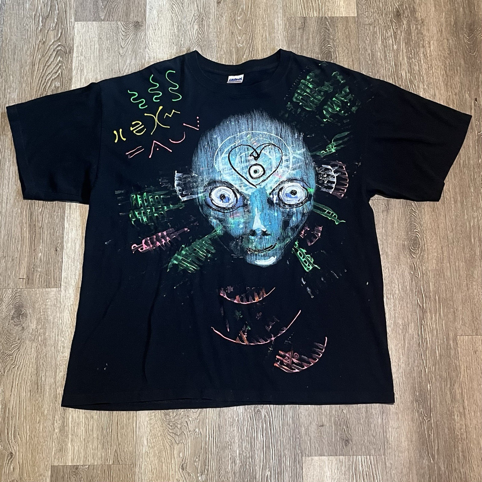 VTG Area 51 Hand Painted Alien UFO T Shirt Size XL Art Unique Funky Fun